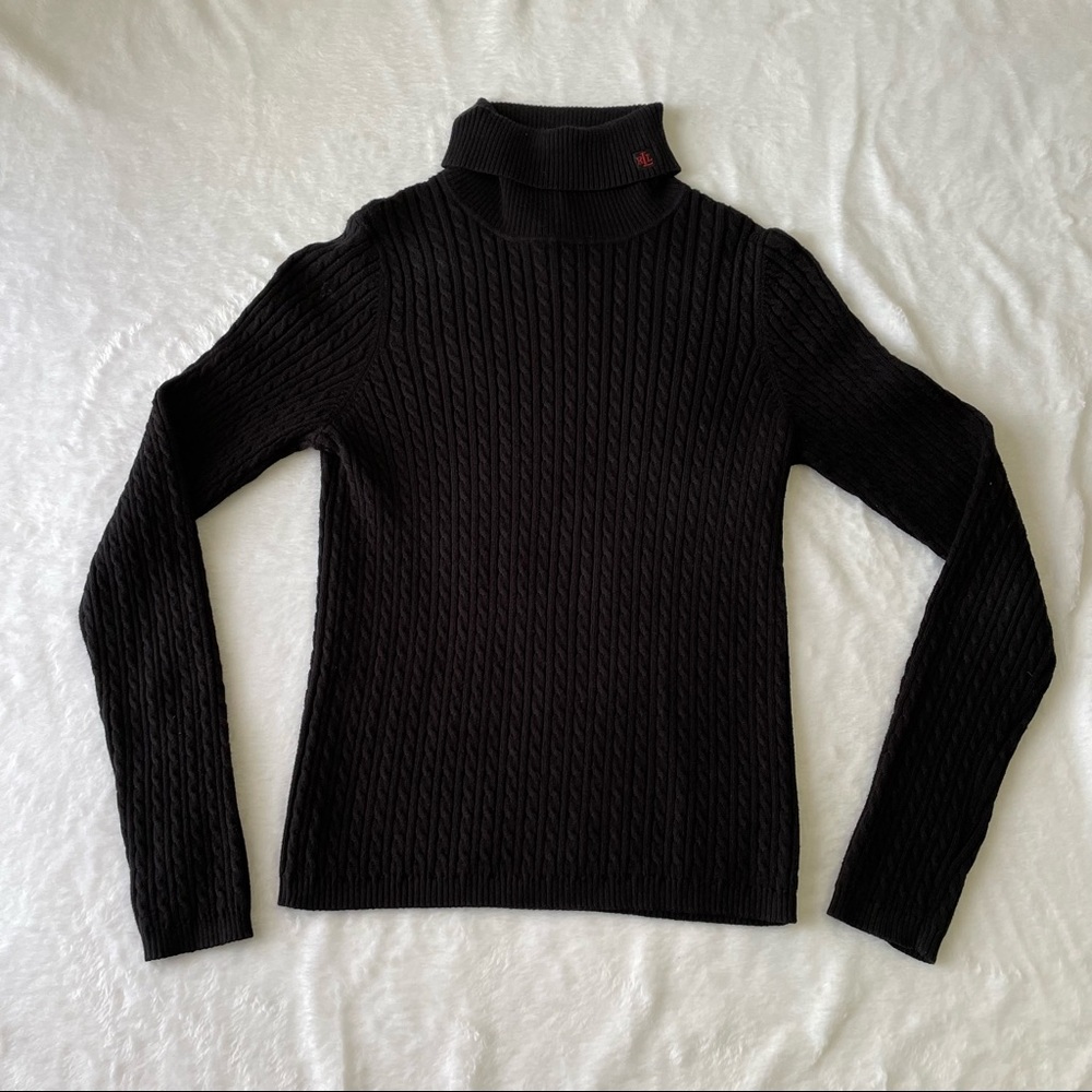 Lauren by Ralph Lauren Cotton Turtleneck Cable-Knit Sweater Black Size S